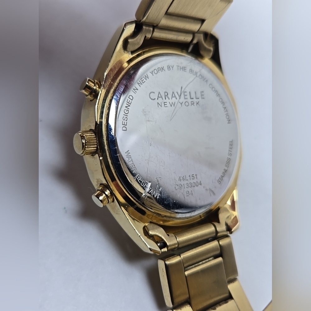 Caravelle New York Gold Tone Chronograph Women’s Quartz Watch Crystal Bezel - Picture 10 of 10